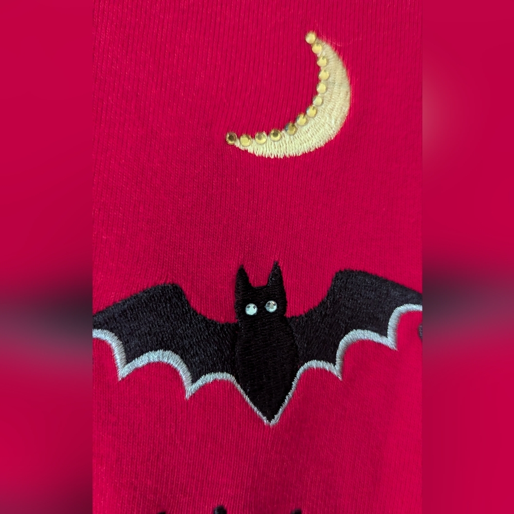 Quaker Factory Large Going Batty 3/4 Sleeve Shirt Red Black Halloween - Picture 5 of 9